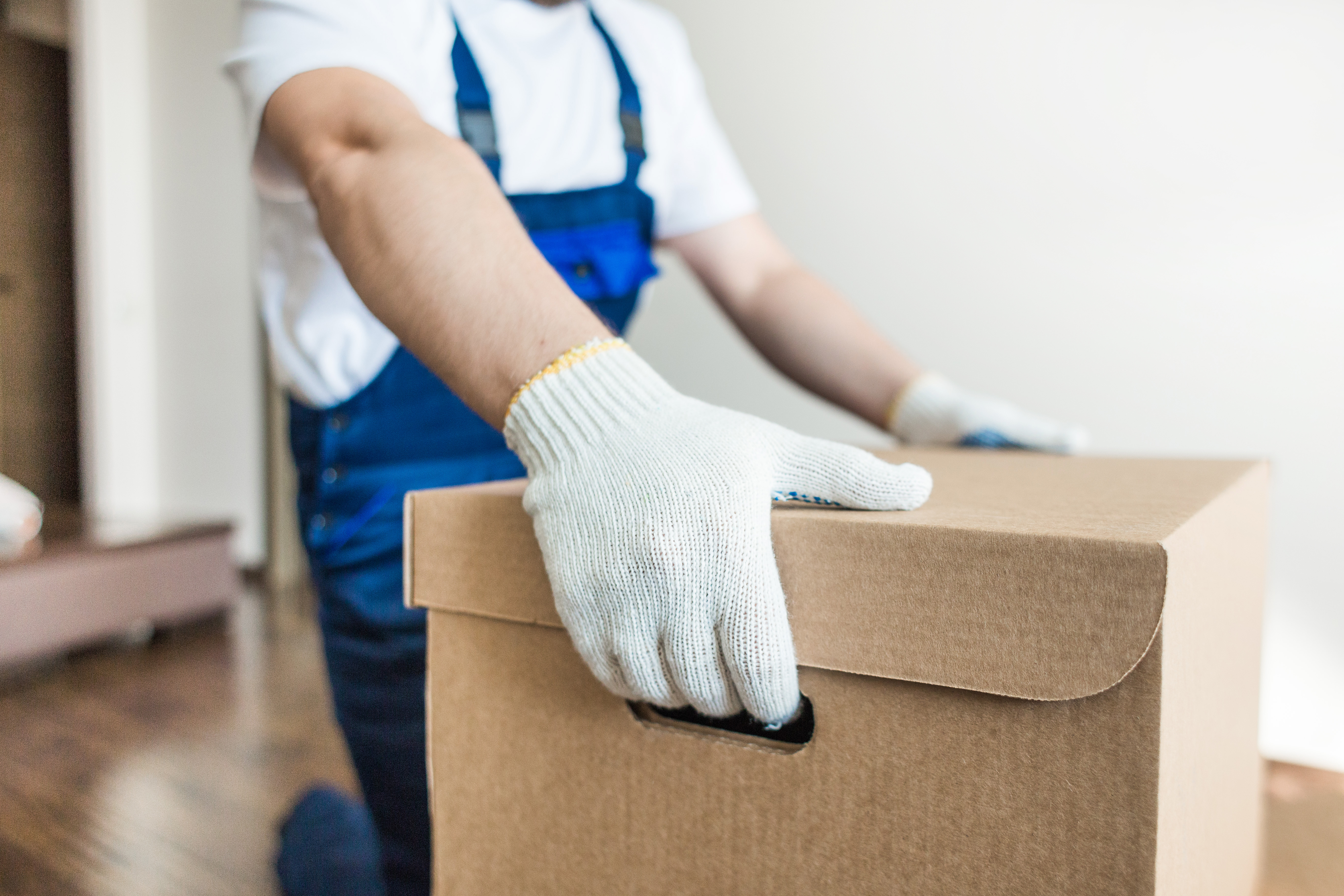 Delivery man loading cardboard boxes for moving to an apartment. professional worker of transportation, male loaders in overalls Senior Housing Minnesota